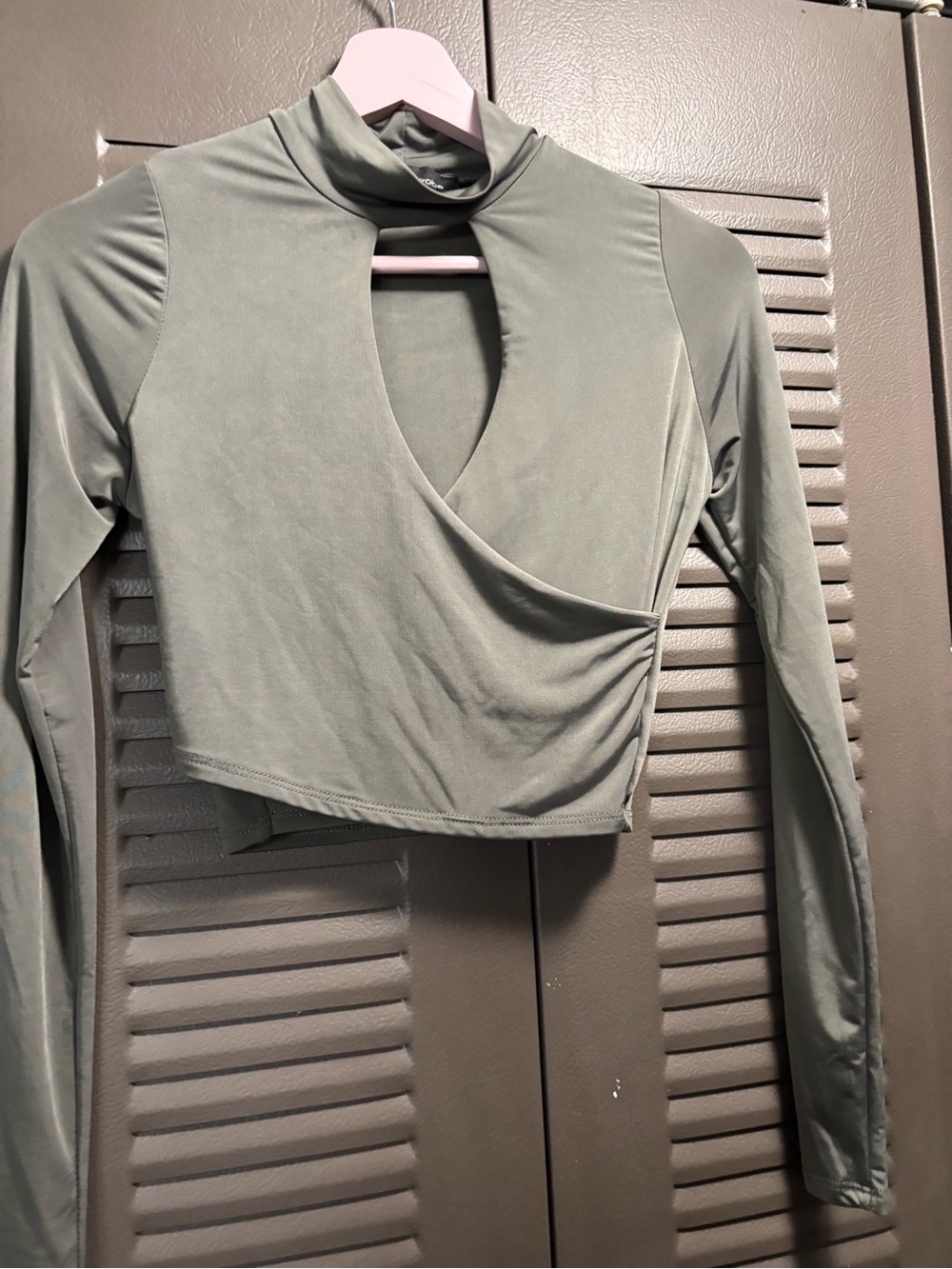 naked wardrobe Olive Green Long-Sleeve Wrap Cutout Crop Top